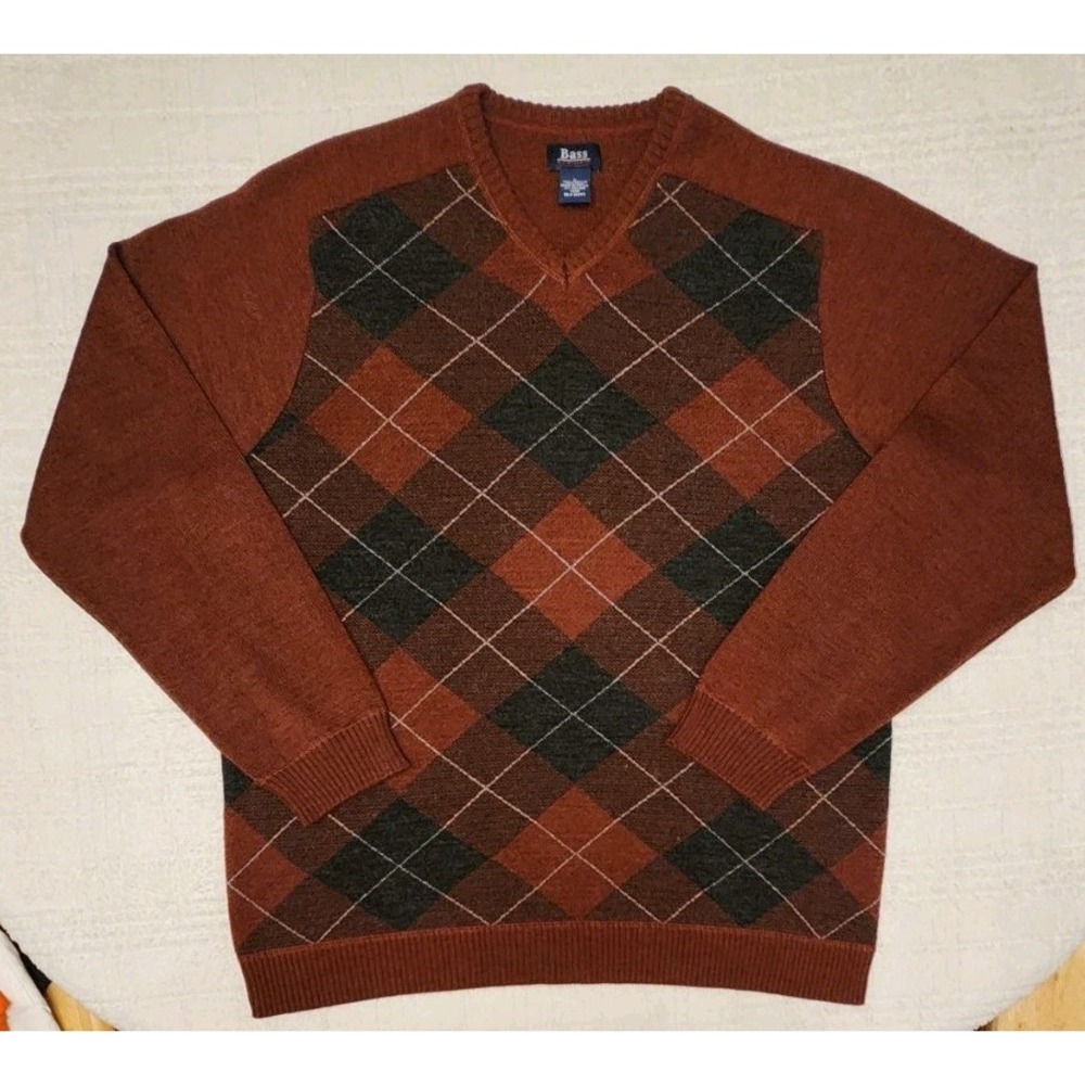 Bass G.H. Bass‎ & Co. Mens Large Burgandy Black Argyle Wool Blend V-neck Sweater